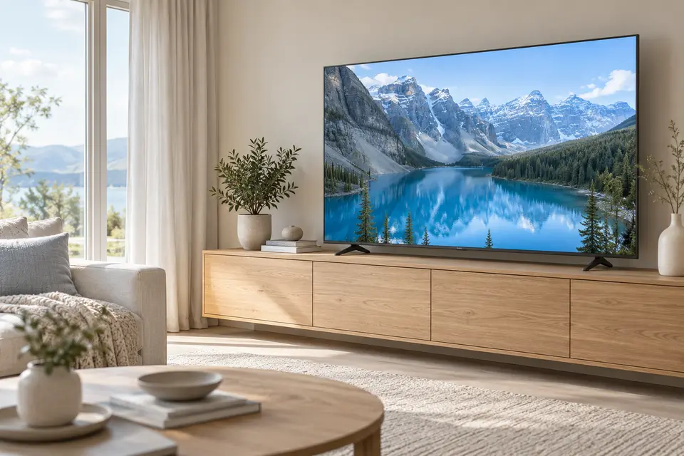 Grote televisie met berglandschap in een lichte woonkamer